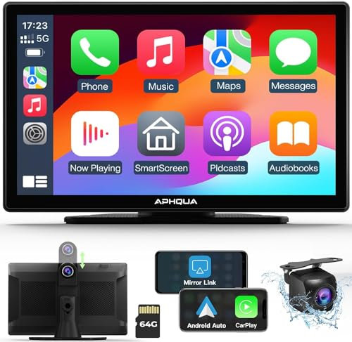Carplay et Android Auto avec caméra embarquée 2,5 K, caméra de recul 1080p, Grand écran HD IPS Portable 9 pour Car Play Voiture, Navigation GPS, Bluetooth, AirPlay, MirrorCast, AUX/FM, émetteur -A95