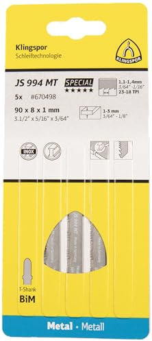 Klingspor JS 994 MT Stichsägeblätter, 90 x 8 x 1 mm Nutzlänge 63Bi-Metall, gefräst, gewellt, 23-28 Zähne pro Zoll, SB-verpackt im Karton, 670498 - Inhalt: 5 Stück