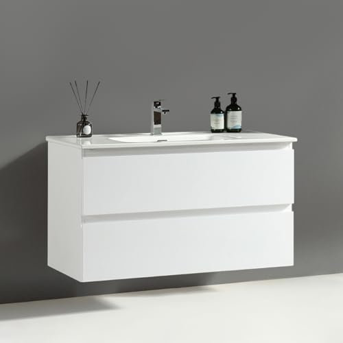 Alpenberger Gäste WC Waschbecken mit Unterschrank 100 cm Breit | Waschbeckenunterschrank Weiß | Badezimmermöbel Waschtisch | Badschrank Badmöbel Set (Vivento 100 Weiss)