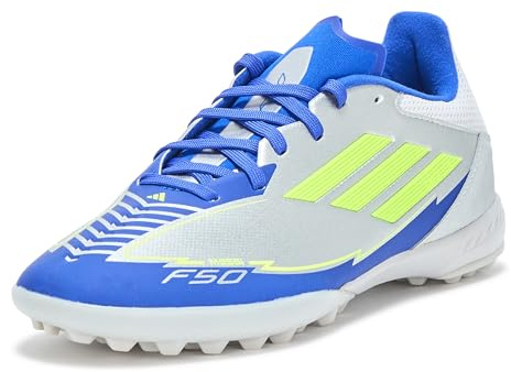 Adidas Unisex-Adult F50 League Messi Turf Soccer, Silver Metallic/Solar Yellow/Lucid Blue, 9.5