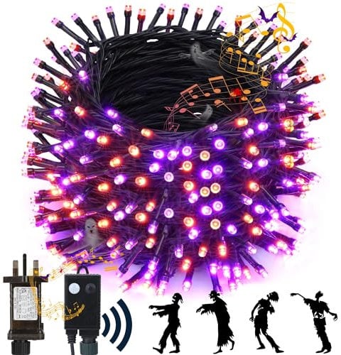 NEXVIN Halloween Decorations Lights Outdoor, 25M 200 LED Halloween String Lights with Spooky Music Waterproof, Plug in Motion Sensor Orange & Purple Fairy Lights for Yard Bedroom Home Party Tree Decor