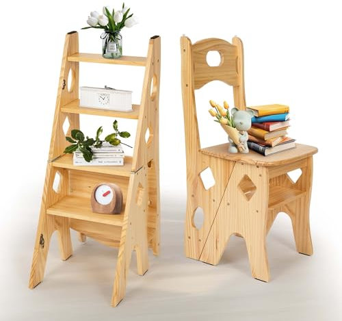 bimiti Sgabello pieghevole, pieghevole, torre di apprendimento, pieghevole, in legno, fino a 180 kg, multifunzione, supporto per fiori e sedia, per biblioteca, uffici, soggiorno