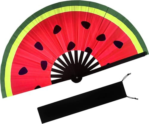 Prario UV Glow Clack Handheld Fan with Fan Bag, Large Folding Hand Rave Fan, for Music Festivals, Carnival, Rainbow Outfits, Disco & Glow Party Decorations