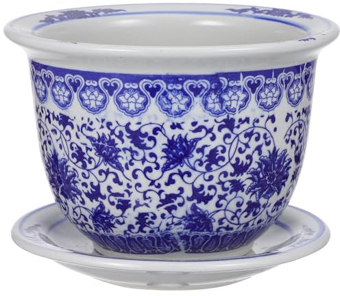 Angoily Blauer Und Weißer Keramik-Übertopf 1 Set Chinesische Keramik-Blumentöpfe Orientalischer Übertopf Dekorativer Sukkulenten-Blumentopf Mit Tabletts Für Den Balkon