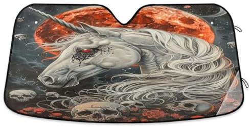 Parasol de coche unicornio de ojos rojos y luna para parabrisas de coche, 133 x 59,9 cm