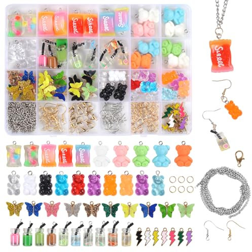 160 Stück Schmuck Selber Machen Set, Charms Anhänger Set, Coole Sachen mit Bubble Tea Schmetterling Gummibärchen, Charms Anhänger für Ohrringe Halskette Armband Schlüsselanhänger