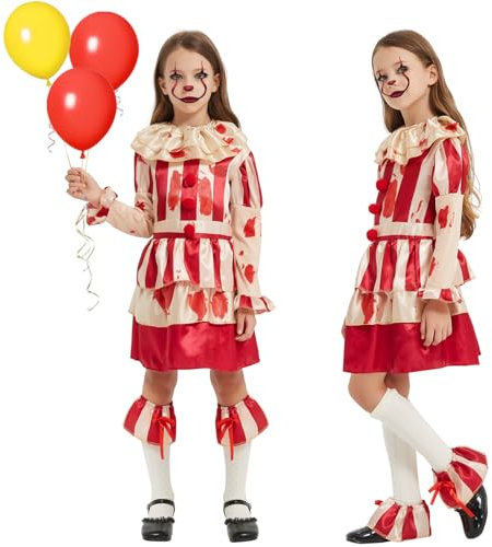 Ulikey Disfraz Payaso Halloween Niña, Rayas Rojas y Amarillas Traje Payaso Asesino, Disfraz de Halloween Niña con Globos y Pintura Facial, Cosplay Payaso Asesino Vestido para Halloween Carnaval (S)