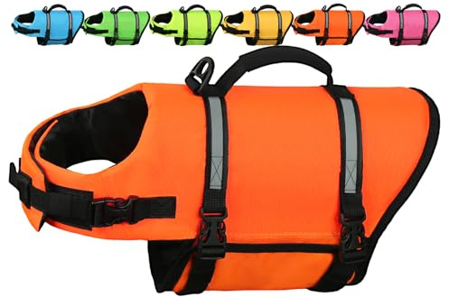 AMZNOVA Hundeschwimmweste Rip Stop Hunde Schwimmweste Rettungswesten | Schwimmweste Hunde-Schwimmweste zum Schwimmen, Auftrieb & Verstellbar for Hund, XS, Neonorange