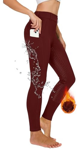 Havideto Winter Reitleggings Damen Vollbesatz Thermo Reithose Damen Fleece Gefüttert Wasserdicht mit Handytasche Gürtelschlaufen Rot M