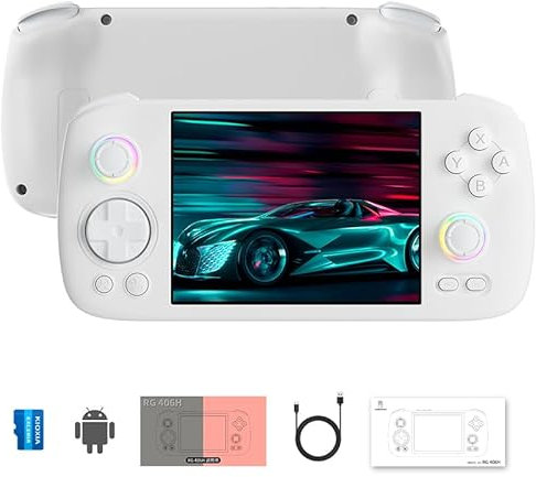 RG 406H Retro Handheld Game Console with 4-inch IPS Screen RGB Lighting Handheld Retro Gaming Console with Android 13 System and 128G TF Card 5000mAh Battery white