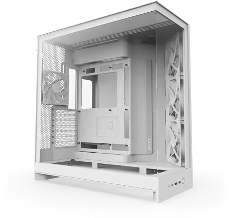 NZXT H9 Flow (2025) – Large Dual-Chamber ATX Mid-Tower Airflow PC Case – Includes 3 x 140mm & 1 x 120mm Fans – 420mm Radiator Support – Tempered Glass – Back-Connect Ready – White