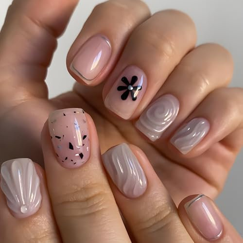 Nude Pink False Nails With Design, Floral Press on Nails Short Square Shape 3D Sculpting Swirl Design Full Cover Spring Fake Nails Press on, Natural Reusable Glue on Nails for Women in 24 Pcs