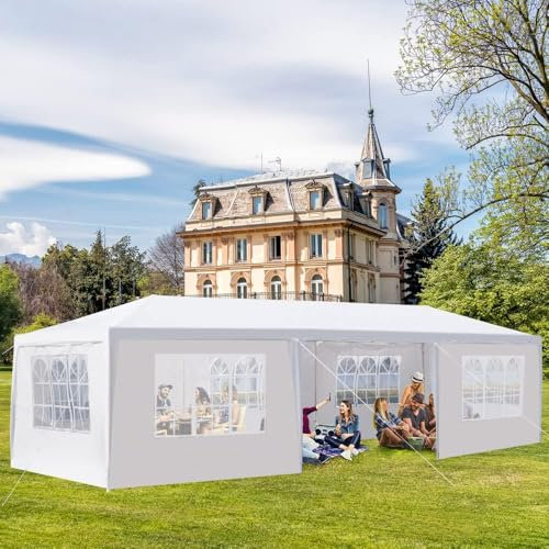3 m x 9 m großer Party-Pavillon, robustes Garten-Festzelt, Outdoor-Partyzelt mit Seitenwänden und Fenstern für Partys, Veranstaltungen und Hochzeiten, weiß, 7 Seiten