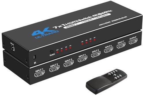 HDMI switcher 7 in 1 Out, 7x1 HDMI 2.0 Switcher 4K@60Hz with Wireless IR Remote Support 7 in 1 Supports 3D Dolby Vision/Atmos for HDTV Digital Projectors Home Cinema B-0-X, PS5/4, Roku, Fire Stick