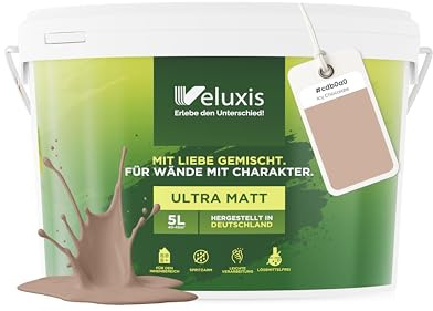 Veluxis® Pintura de pared marrón para interiores - 5 litros y opacidad clase 1, sin vetas, antigoteo y ecológica, sin COV - (Icy Chocolate)