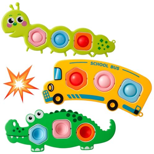 3 Packs Fidget Popper Sensory Toys, Cute Animal Push Bubble Toys for 1-3 Y | Christmas Stocking Fillers Baby Toys for Boys Girls Airplane Travel Car Essentials Waiting Time