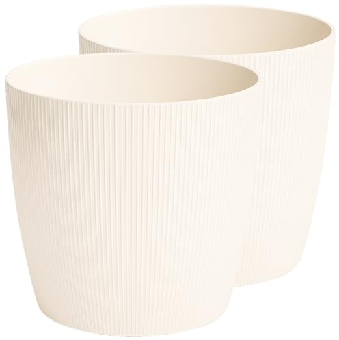 Home Garden Ornaments Plant Pots Indoor – 2 Striped Plastic Plant Pots, Modern Design Indoor Plant Pots for Houseplants (Cream, 18cm / 7.1 inch)