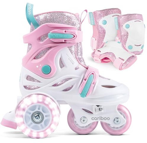 Cariboo Ballerina – Verstellbare Kinder-Inlineskates mit Schutzset (3-teilig), LED-Räder, Sicherheitsstopper, Einfaches Lernen, Glitzerdesign
