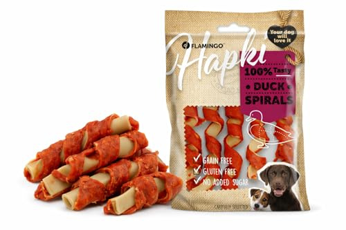 Hundeleckerli - Leckerli Hund - Flamingo Hapki Spirale mit Ente - 5 Stück 85 g - proteinreich - mit Ballaststoffen - glutenfrei - getreidefrei - ohne Zuckerzusatz