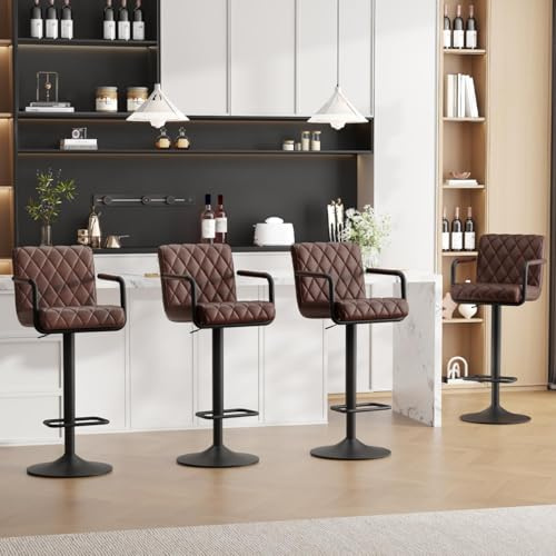 Ckaff Barhocker 4er Set, Barstühle Höhenverstellbar, 360° Drehbare Küchenhocker mit Armlehnen, Rückenlehne und Fußstütze,Barstuhl aus PU-Leder für Küche Wohnzimmer Esszimmer, Dunkelbraun