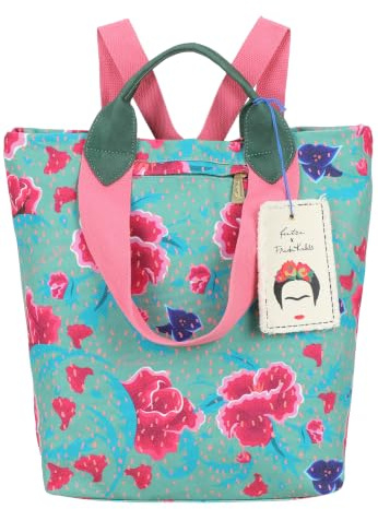 Fritzi x Frida Kahlo Ju Limited Flower Rucksack Damen Canvas Reißverschluss Innenfach Steckfächer verstellbare Schulterriemen Kurzgriff Alltag Reisen Freizeit 34 x 50 x 18,5 cm, Hellblau