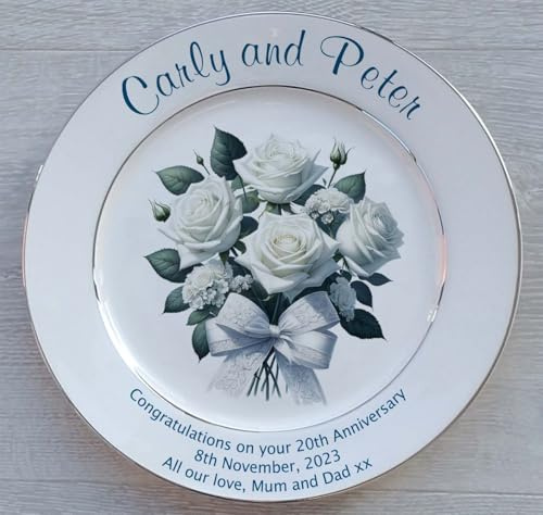 All About Names Personalised China Wedding Anniversary Plate with 2 Platinum Bands - White Rose Design