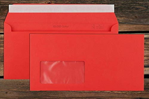 Rote Elco Color Briefumschläge mit Fenster (lasertauglich) / 114 x 229 mm (DL) / mit Abziehstreifen/haftklebend / 250 Stück