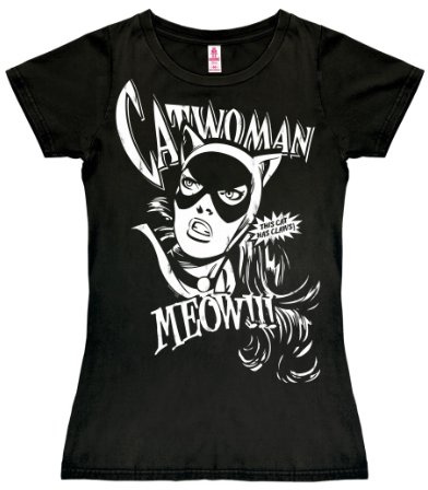 Logoshirt® DC Comics Catwoman T-Shirt Damen | Offiziell lizenziertes Batman-Merch, Catwoman Meow-Motiv, 100% Baumwolle, hochwertiger Frontprint, ideal für Comic-Fans
