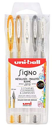 Uni-Ball Mitsubishi Pencil – 5 Gelschreiber Signo – Farben Glitzer – Spitze 1 mm – breite Schrift – Kreative Inlineskates für Karten und kreative Hobbys