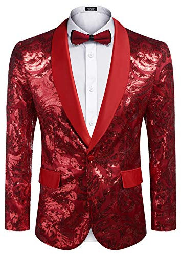 COOFANDY Herren Glänzende Pailletten Blazer Floral Anzug Jacke Stilvolle Smoking für Party, Hochzeit, Bankett, Abschlussball, Rot/Ausflug, einfarbig (Getaway Solids), M