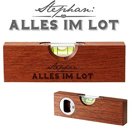 Casa Vivente Kleine Wasserwaage aus Holz mit Gravur Alles im Lot, Personalisiert mit Namen, Flaschenöffner, Lustiges Multitool als Gadget