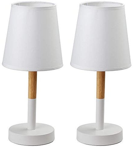 Bakaji Set 2 Lampade da Tavolo lampada Lume da Comodino con Base in Metallo e Legno Paralume in Tessuto Bianco Abatjour Design Moderno Dimensione 14 x 32,5 cm