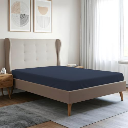 Pizuna Spannbettlaken 200x200 cm Baumwolle Dunkelblau 400 Fadenzahl | 100% Langstapelige Baumwolle nur Spannbetttuch, Weiche Mako Satin-Webart passt bis zu 40 Matratzenhöhe