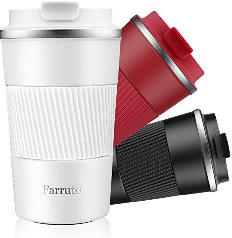 Farruto Thermobecher, Kaffeebecher to Go, 13oz 380ml 100% auslaufsicher, doppelwandiger Isolierbecher aus Edelstahl, Reisebecher für heiße und kalte Getränke (weiß)