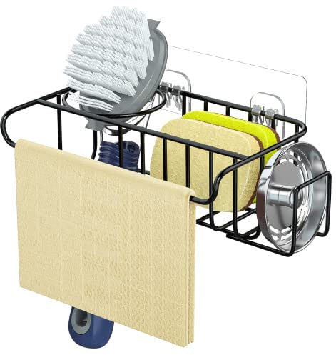 Kitchen Sink Caddy Sponge Holder - 4 in 1 Kitchen Sink Organiser, Sink Tidy for Sponges, Washing Up Brush, Wash Up Liquid and Sink Stopper, Wall Mounted/Hanging, 22 * 9.2 * 6.5cm, Black