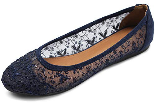Ollio Damen Schuhe Punkte oder Blumen Spitze Atmungsaktiv Runde Zehen Ballerinas Flats F123-124, Blau (Marineblau), 39 EU