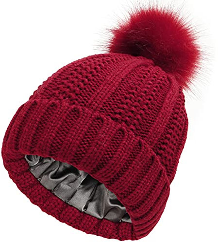 Yixda Damen Beanie Strickmütze mit Fellbommel Bommelmütze Ski Warme Wintermütze (Weinrot)
