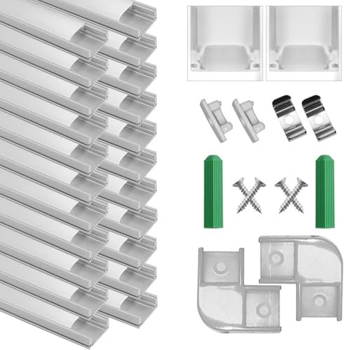 SENXINGYAN LED Aluminium Profil, 20 x 1M U-Form LED Profil/LED-Kanäle mit Deckel in Milchig-Weiß, Endkappen, Metall Befestigungs Clips und Eckverbindern