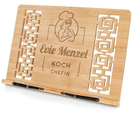 Maverton Leseständer mit Gravur - personalisiert - faltbar - mit 2 Seitenhalter - 5-stufig verstellbar - Kochbuchhalter - für Frauen - aus Bambus - Farbe: Hellbraun - Chefin