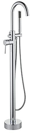 VALAZ Mitigeur Baignoire sur Pied | Mitigeur d'Eau Chaude et Froide, Économiseur d'Eau, Installation Facile et Rapide, Acier Inoxydable, Col de Cygne Rond, Chromé, Série Ebro
