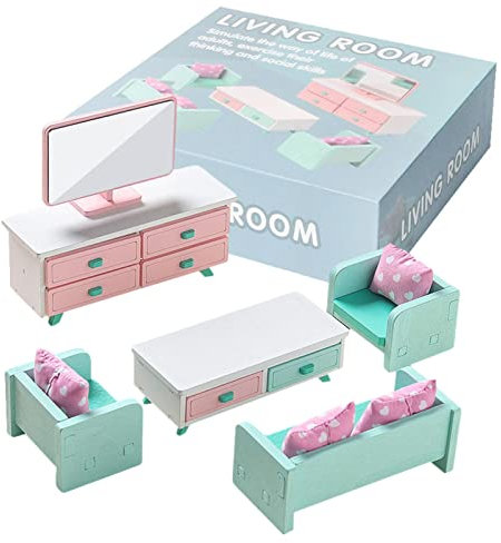 Botiniv Puppenhausmöbel, Exquisites Holzpuppenhaus Luxuriöses Wohnzimmerset, Detailliertes buntes Puppenhauszubehör Sofa Stühle Tisch TV Kissen, Lernspielzeug