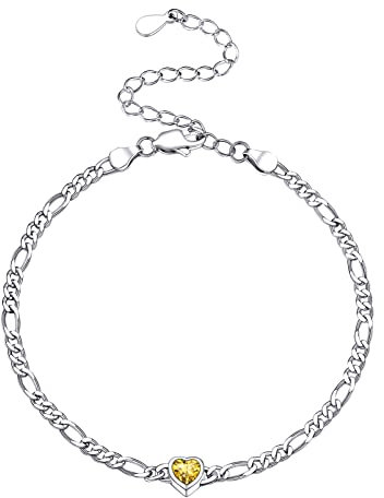 PROSILVER 3mm dünne Armkette mit Herz Zirkonia 925 Sterling Silber 16+5cm Figarokette Armband mit November Geburtsstein Damen Mädchen Gliederarmband Handgelenk Schmuck Accessoire