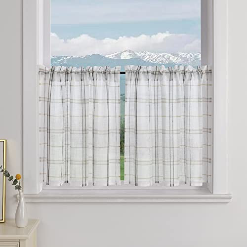 Delien 2er Set Bistrogardinen Plaid Landhaus Scheibengardinen Kariert Gingham Muster »Karo« Küchengardinen Kurz Dekoschals Kleinfenster Gardinen mit Tunnelzug BxH 125x120cm,Grau