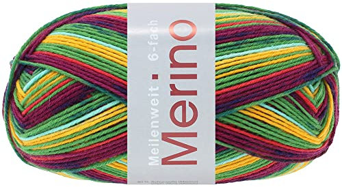 MEILENWEIT 6-fach 150g Merino Print 609 - hellgrün/gelb/rotorange/bordeaux/hellblau