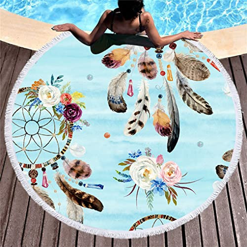 HNHDDZ Strandtuch XXL Runde Quaste Mikrofaser Weich Schneller Trocknen Mehrzweck Decke Traumfänger Für Strand Liegestühle Yoga Matten 150 cm Tischtücher Schal Tapestry Boho (Stil 7)