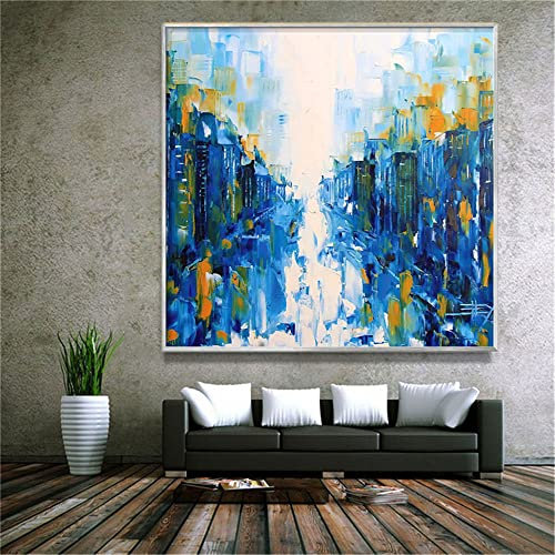 Ölbilder Auf Leinwand Handgemalt,100% Handgemaltes Acrylgemälde Extra Großes Kunstwerk, Abstrakte Blaue Stadt Architektur Textur Kunst Ölgemälde, Wandkunst Rahmenloses Cooles Bild Für Wohnzimme