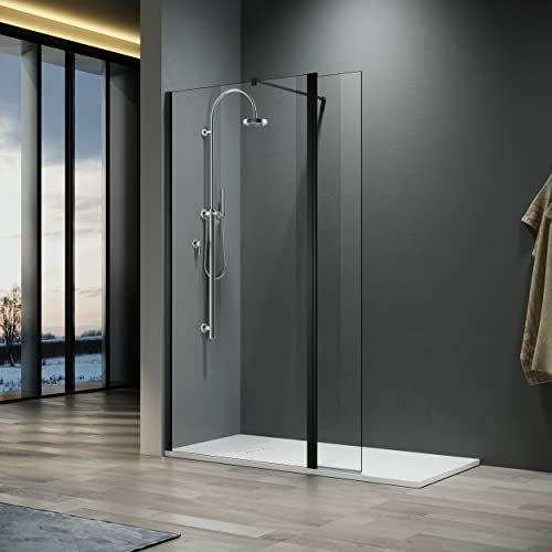 ELEGANT 900x1900mm Shower Enclosure with 8mm Clear Easy Clean Safety Glass Walkin Shower Screens Panel+ Black Stainless Steel Support Bars with 300mm Flipper Panel