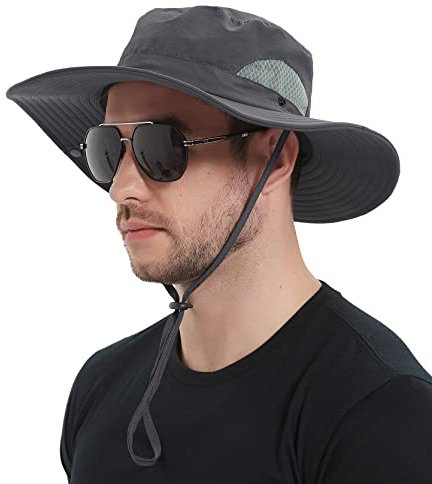 Wmcaps Sun Hats for Men, Wide Brim UPF 50 Sun Hats Summer Mesh UV Protection Beach Safari Hat, Fishing Walking Hiking Boonie Hat with Adjustable Chin Strap Waterproof Breathable (Dark Grey)