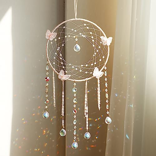 Artilady Schmetterling-Traumfänger mit Kristallen – großer Boho-Traumfänger mit rosa Mond, Wanddekoration, Heimdekoration, Mädchen, Kinder, Baby, Schlafzimmer, Raumdekoration, Weihnachten, Geburtstag,