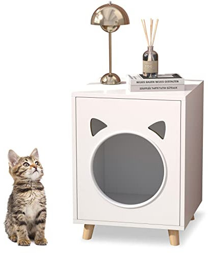 KEEPREAPER Katzenklo Schrank Katzenhaus für Katzentoilette, Katzenhöhle Katzenschrank Weiß mit Katzenförmigen Eingang und Holzbeine, KatzenKommode Nachttisch Beistelltisch, 40x39x54cm